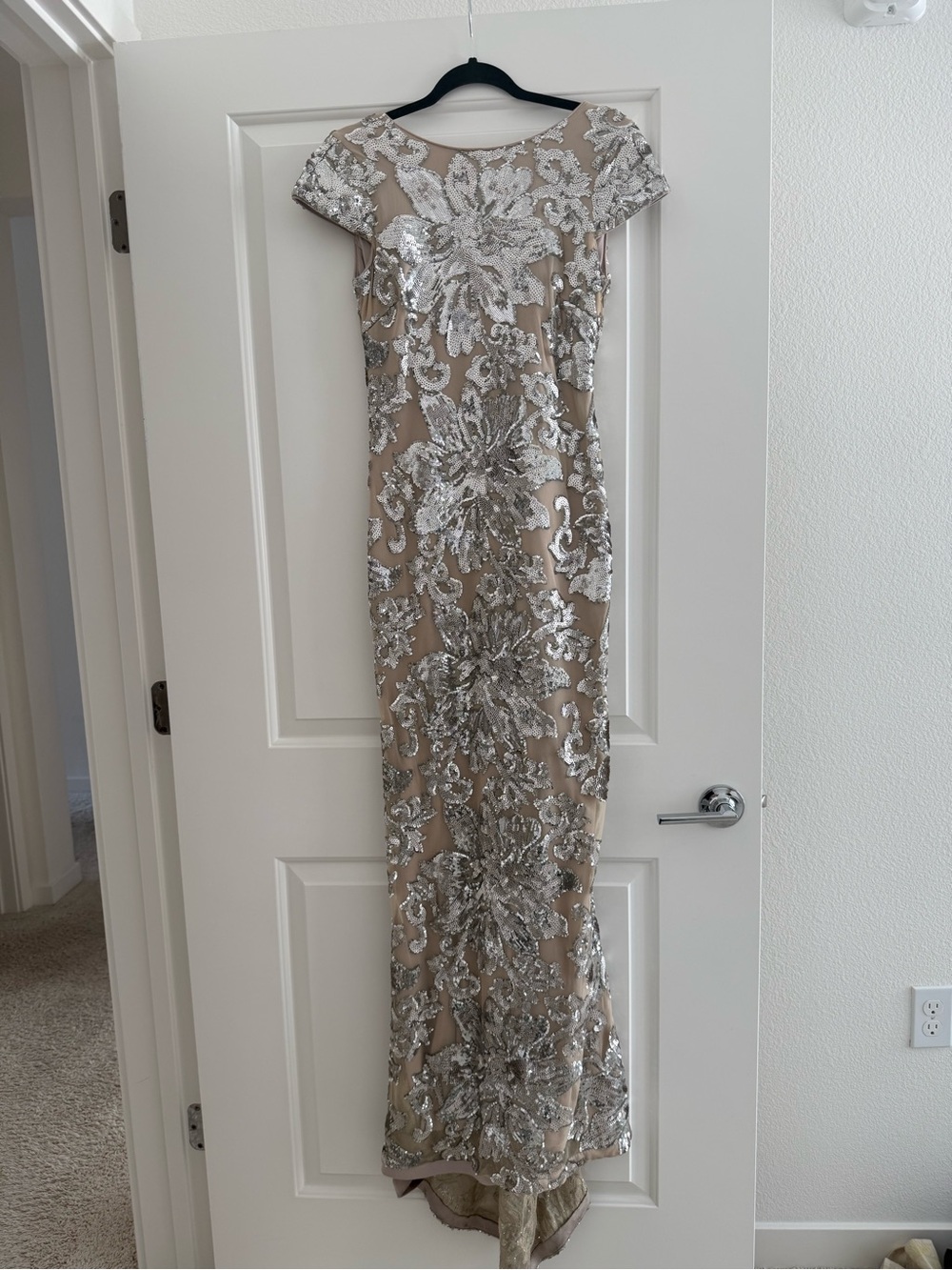 Calvin Klein- Embellished Cowl back- Nude and Silver Evening Gown. Size 6